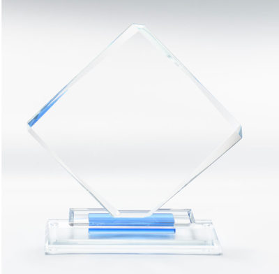 Trophée verre optique losange socle bleu