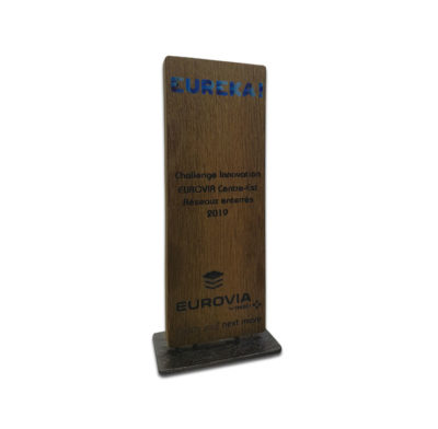 trophée bois socle métal imprimé en couleur